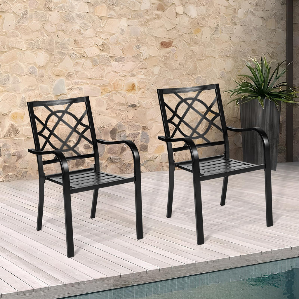 4 Pieces Wrought Iron Black Chairs 300 Lbs Outdoor Dining Chairs, Patio Metal Stackable Chair with Armrest for