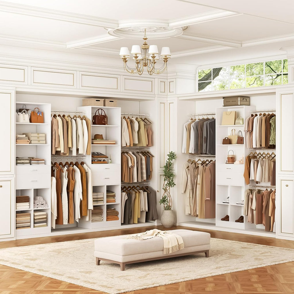 Closet System, 4-8 FT Closet Organizer Tower with 2 Wooden Drawers and 5 Hanging Rods, Can Fit 60 to 96 inch Walk-in