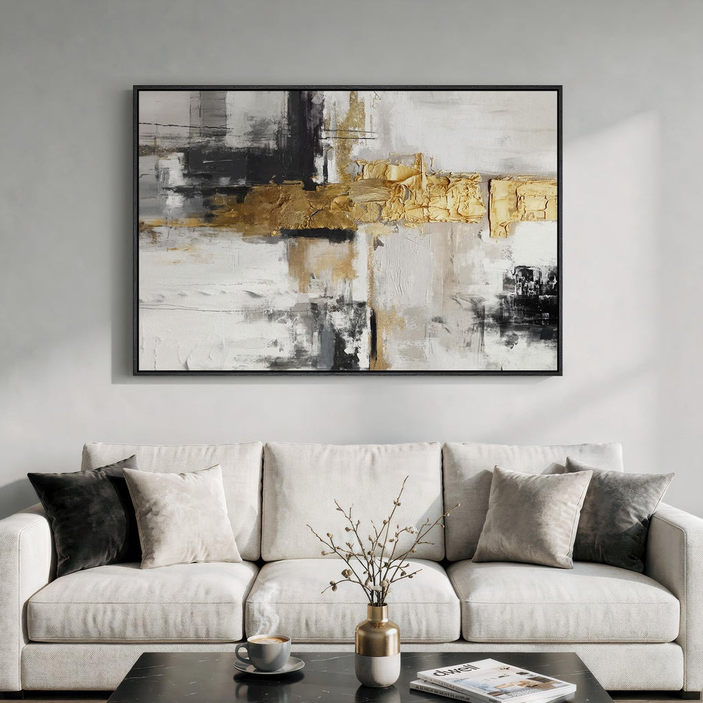 Extra Large Framed Black White Gold Abstract Wall Art, Vertical 40x60 In
