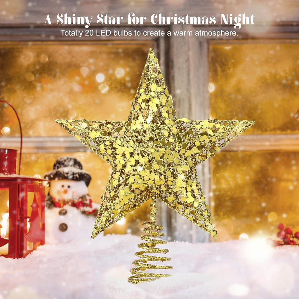 Christmas Star Tree Topper with Lights and Sequins, Gold