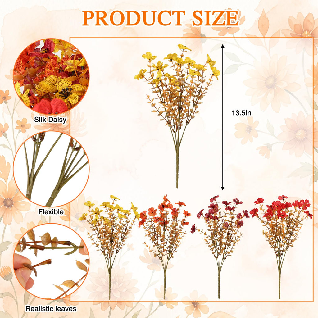 12 Bundles Fall Artificial Flowers for Outdoor Indoor, Fake Silk Daisy with Eucalyptus Leaves, Autumn Faux Flower for