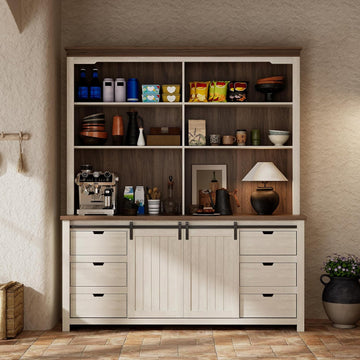 78.8" H Farmhouse Kitchen Hutch Cabinet with 3-Tier Open Shelves, Storage Pantry Cabinet with Wide Countertop, 6
