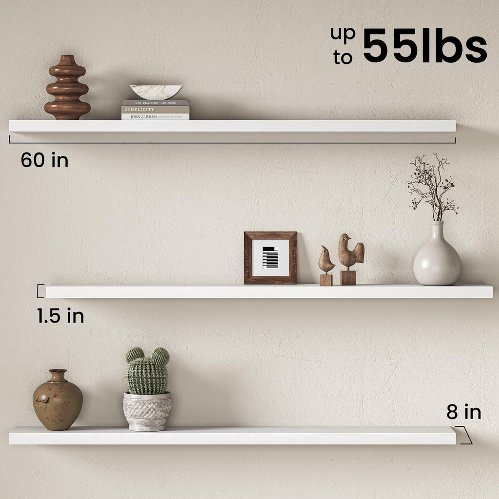 60 Inch Floating Shelves for Wall, 8 Inch Deep Wall Mounted Wood Shelves with Invisible Brackets Storage Decor