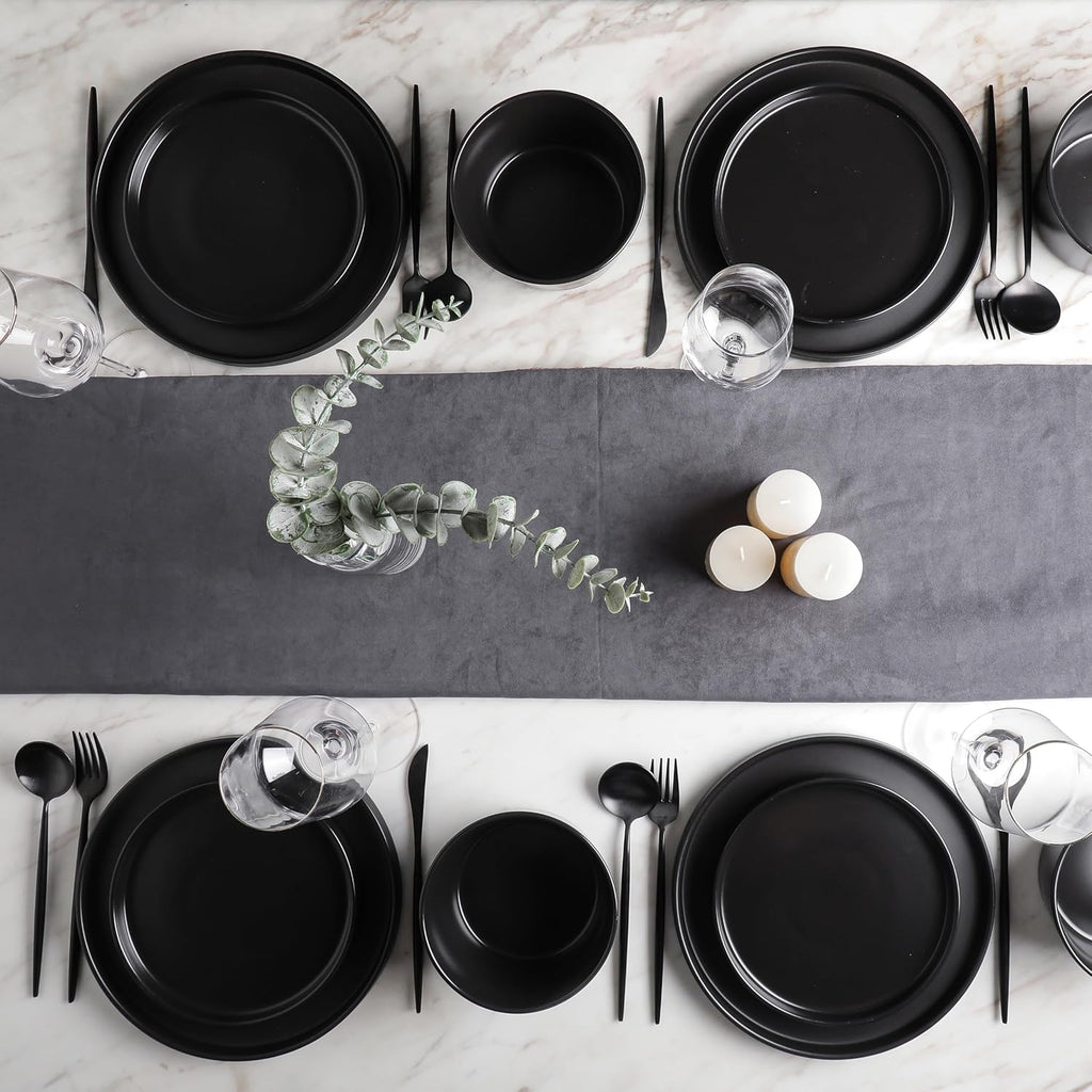 Celina Stoneware 32 Piece Modern Dinnerware Set, Plates and Bowls, Black Matte, Service for 8