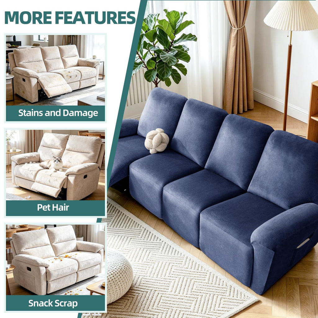 Waterproof Recliner Couch Covers 10-Pieces Velvet Stretch Sofa Covers for 4 Cushion Couch Reclining Slipcover