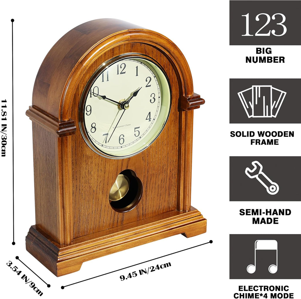 Grandfather Mantel Clock with Hour/Quarter-Hour Chime,Elegant Wooden Frame,Gold-Tone Pendulum Table Clocks