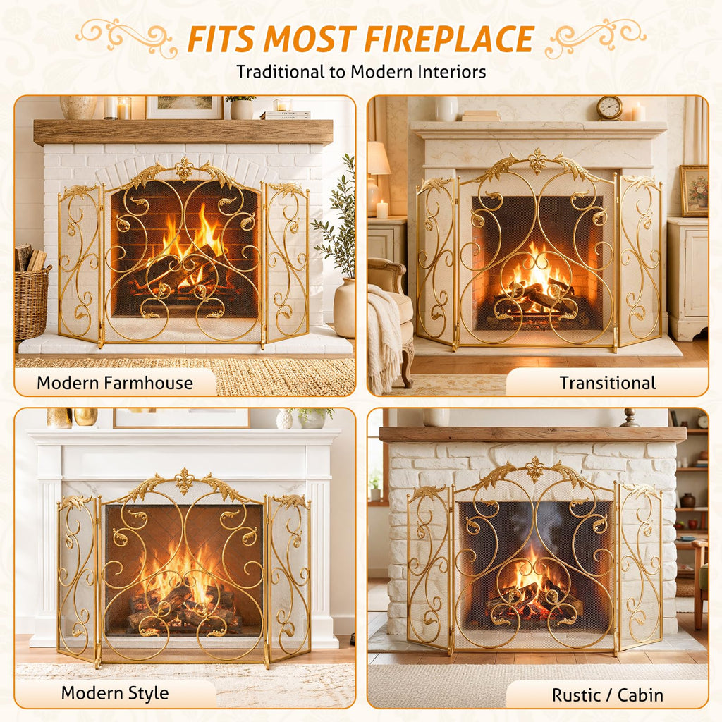 Fireplace Screen Gold 50x32 Inch Folding 3 Panel Fireplace Screen