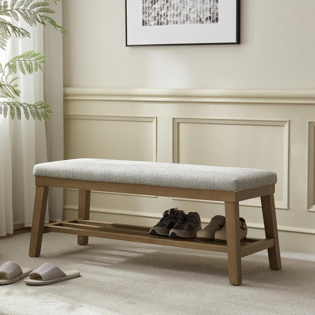 Entryway Bench, 44.4" Upholstered Shoe Storage Bench , Shoe Bench with Rubberwood Legs, Modern End of Bed Storage