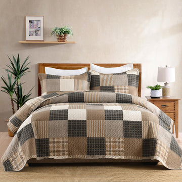 Quilt Set, Farmhouse Plaid Comforter, Cotton Quilted Bedspread, Charcoal Beige Brown Lightweight