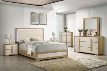6-Piece Natural/White Bedroom Set - Bed with LED Lights, Dresser, Mirror, Chest and 2 Nightstands (Queen)