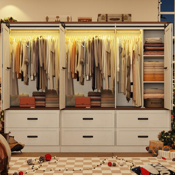 Farmhouse 6 Doors Armoire Wardrobe Closet w/Folding Sliding Barn Door and Lights, LED Armoire Closet w/ 6 Drawers