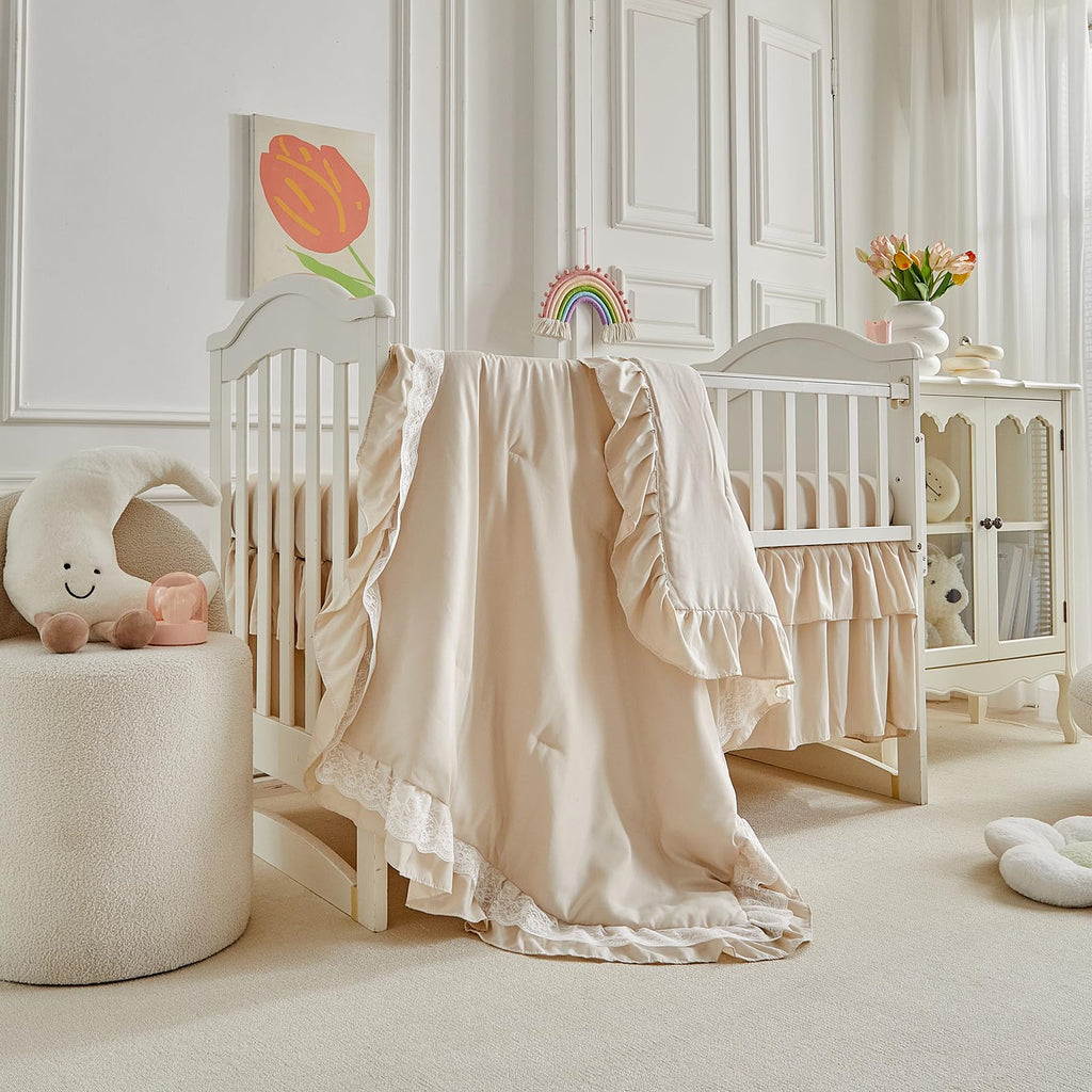 Ruffled Crib Bedding Set Floral Design 3 Pieces Baby Boho Quilted Comforter with Fitted Sheet and Bed Skirt - Cute