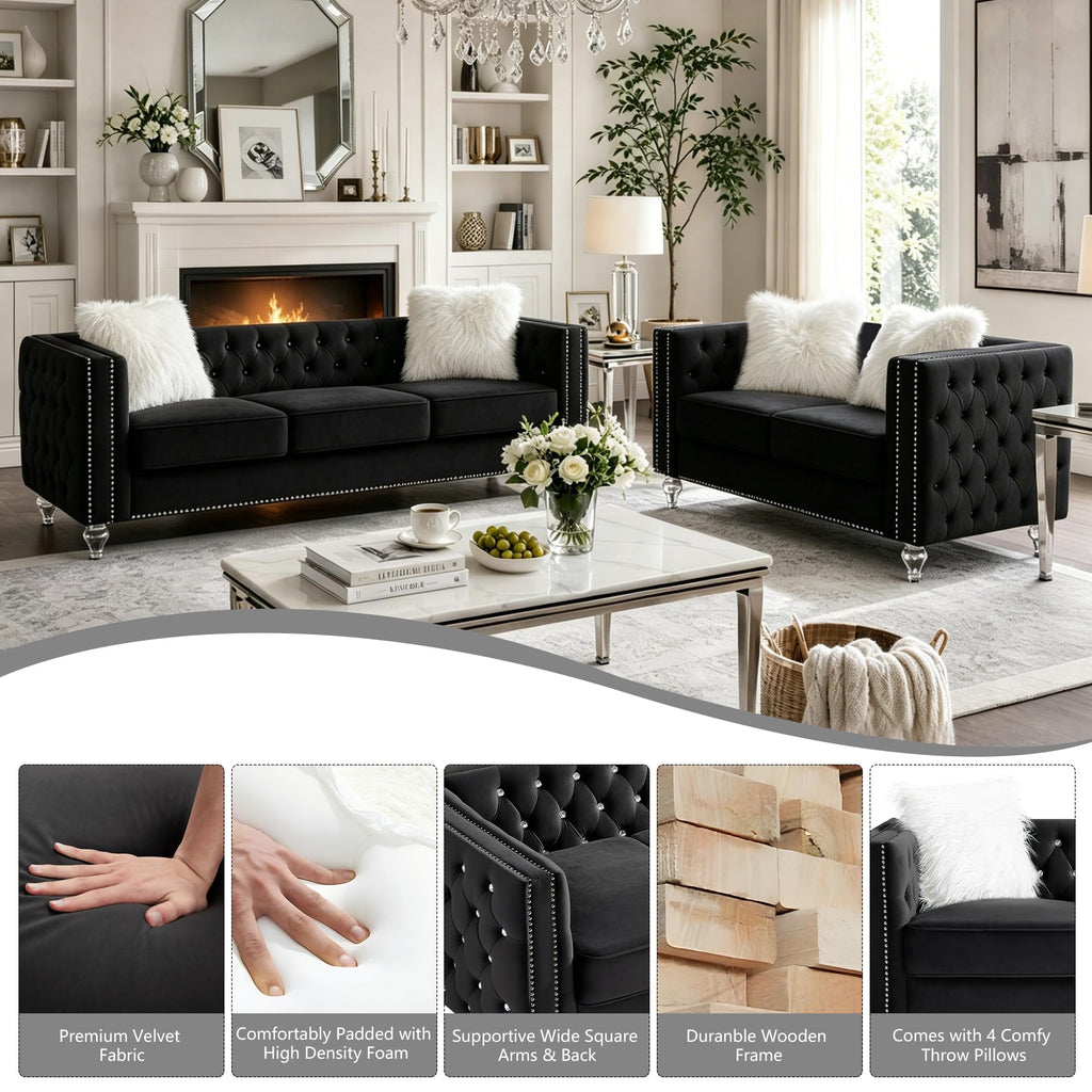 2 Piece Chesterfield Sofa Couch Set, Luxury Crystal Button Tufted Sofas with Silver Nailhead Trim Set of 2, Including