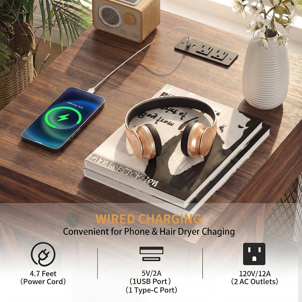 Wooden Dog Crate End Table with USB Charging Station, Walnut