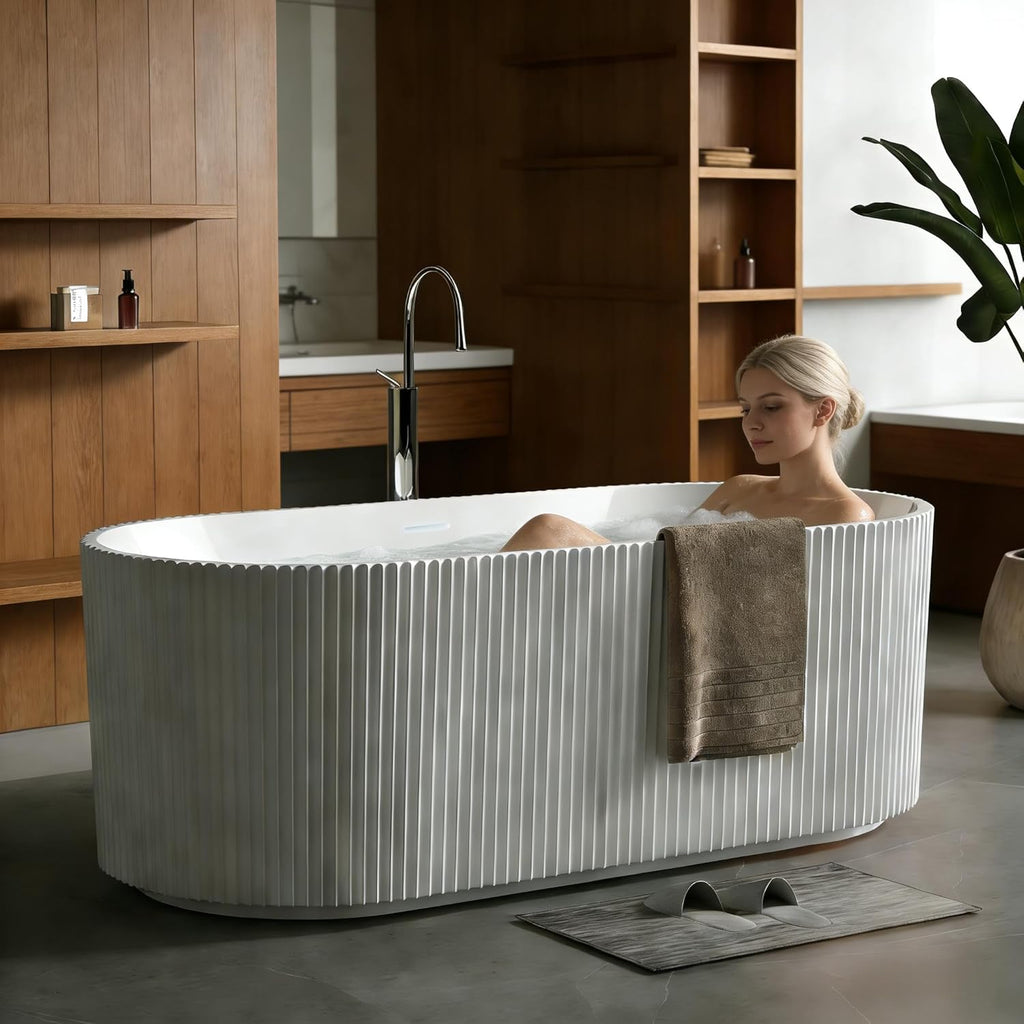 59" Acrylic Freestanding Bathtub, White Soaking Tub with Non-Slip Base, cUPC Certified Free Standing Tub, Chrome