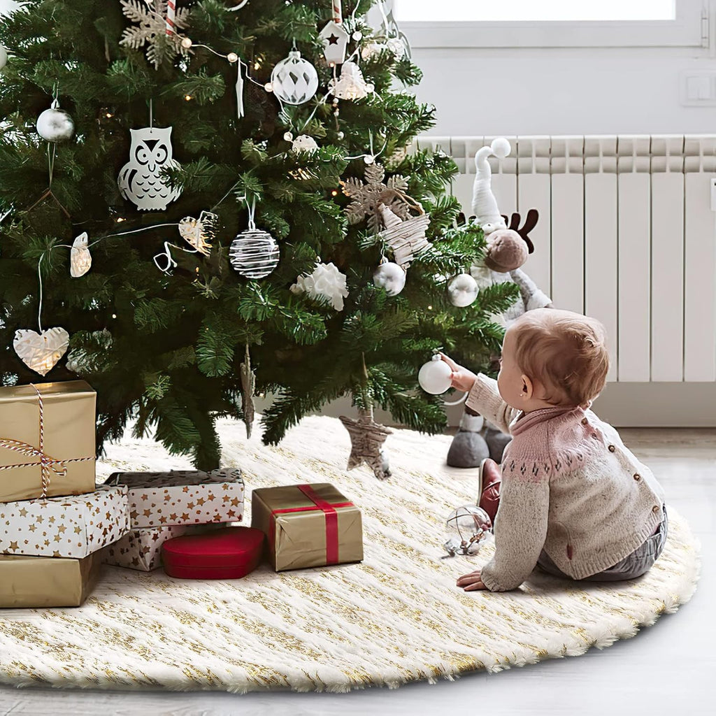 Christmas Tree Skirt White Bronzing Luxury Faux Fur Tree Skirt (Gold 48in)