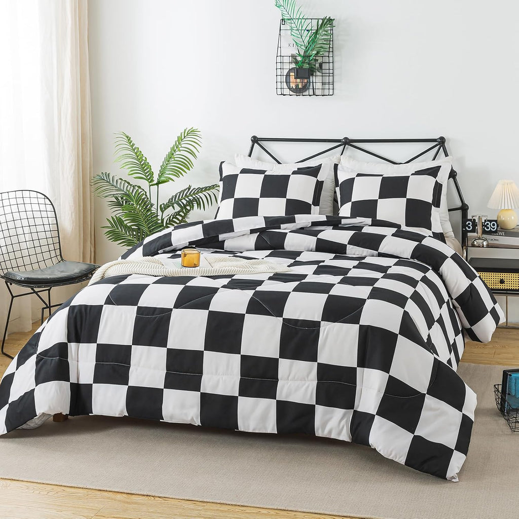 Black and White Checkered Comforter Set, Plaid Twin Checkered Boys Bedding Set for All Seasons, Farmhouse Soft