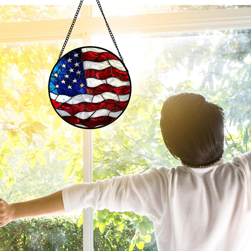 US National Flag Pattern Stained Glass Window Hanging Suncatcher Gifts 6.3"
