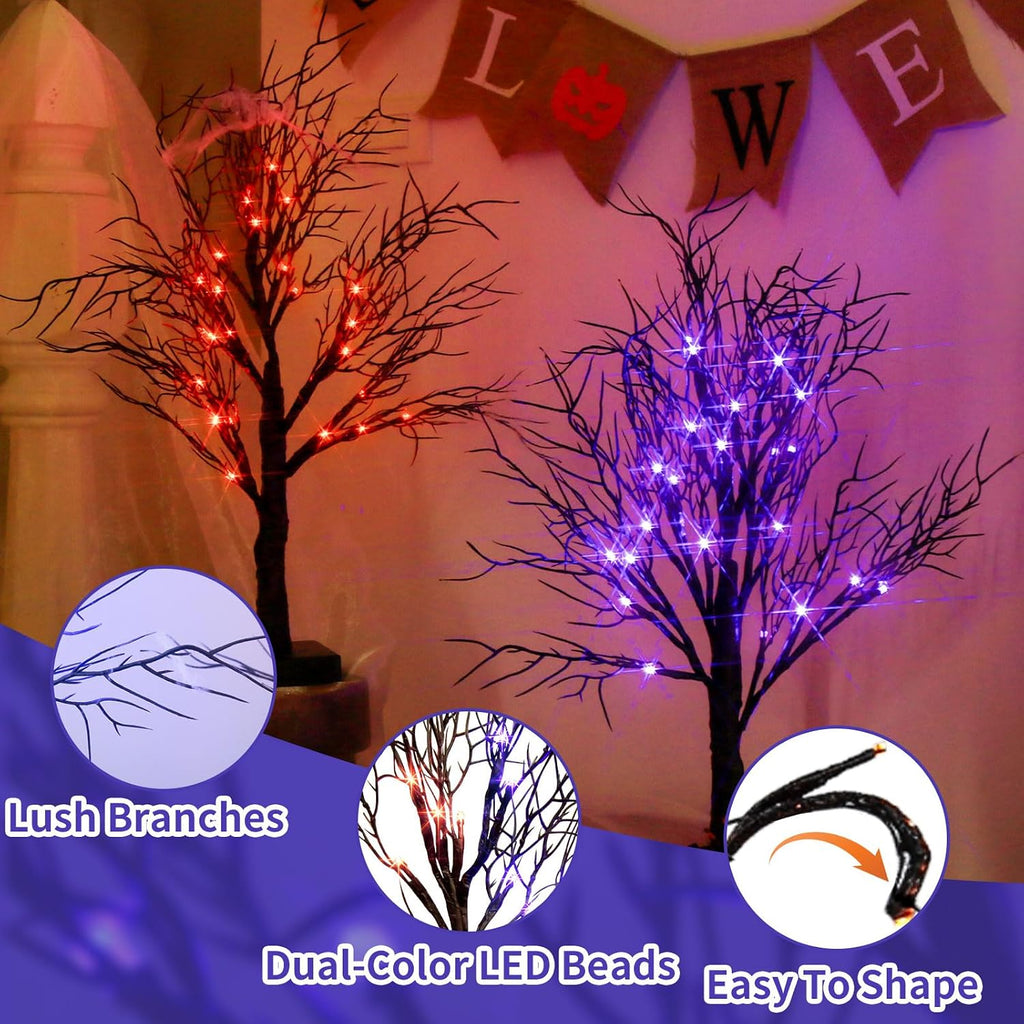 Halloween Tree, Black Tree with Orange Purple Bi-Color Led Lights 6 Functions, USB & Battery Operated Lighted - Set of 2