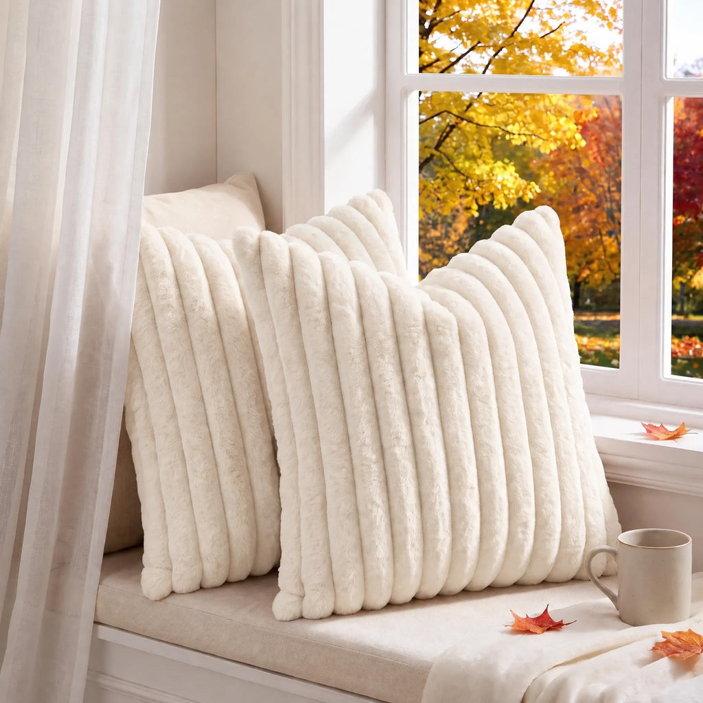 Set of 2 Decorative Throw Pillow Covers 20x20, Fall Faux Fur Cream White