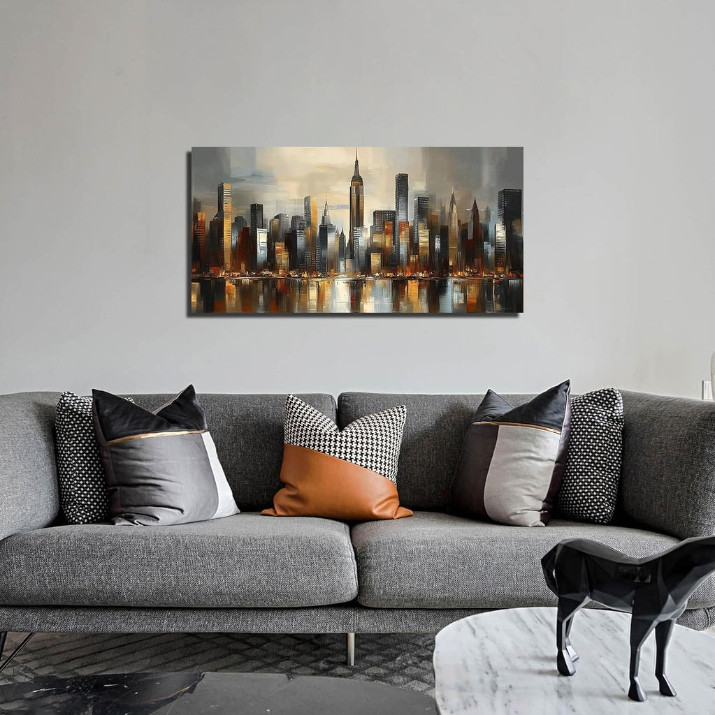 City Wall Art , Gold and Grey Wall-Decor , Modern Cityscape Poster Canvas Print, Size Inches