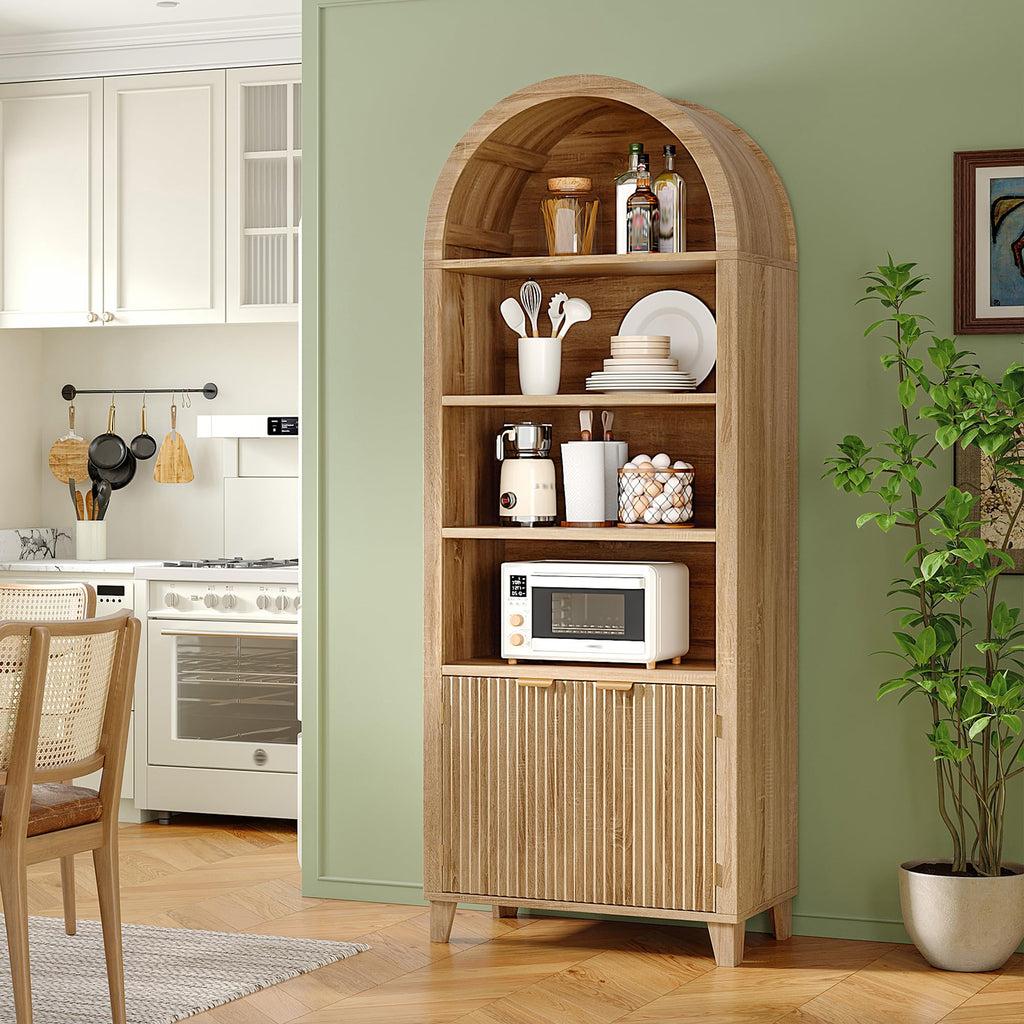 Arched Cabinet, 6-Tier Storage Arched Bookshelf, Light Oak