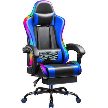 Gaming Chair with LED Lights, Footrest and Massage Lumbar Support, Ergonomic Computer Seat Height Adjustable with