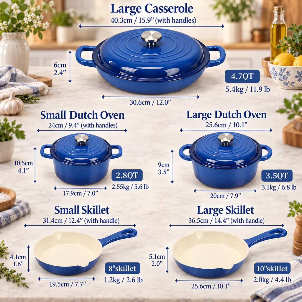 5-Piece Enameled Cast Iron Cookware Set with Lids, Skillet, Frying Pan, Saucepan and Dutch Oven for All Stovetops
