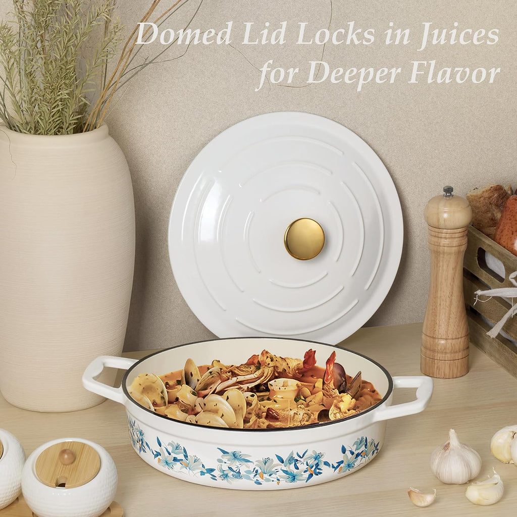 3.5QT Enameled Cast Iron Braiser Pan, Shallow Floral Dutch Oven Casserole Skillets, Non-Toxic Cast Iron Pot with Lid