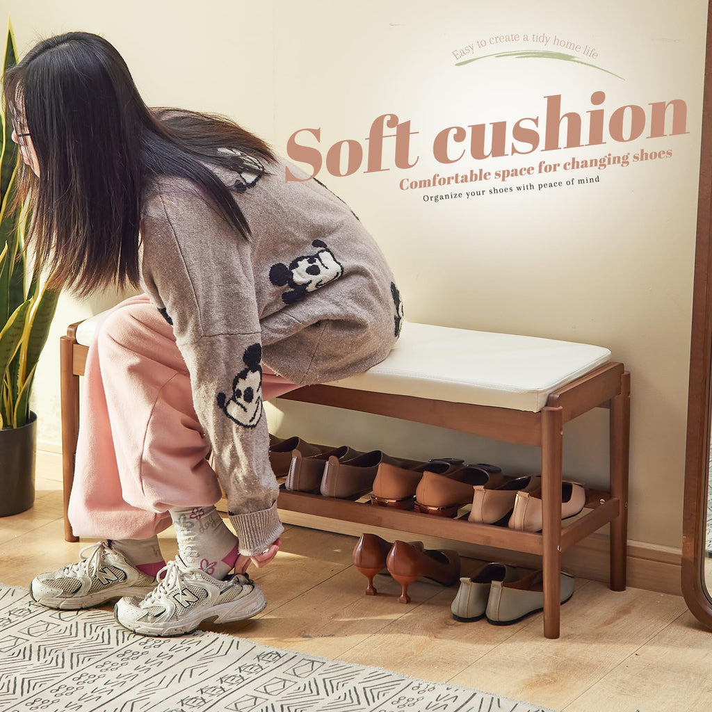 Shoe Rack Bench Entryway Bamboo Shoe Storage Bench with Leather Cushion 2 Tiers Shoe Rack Entryway Bench (Beige Bench