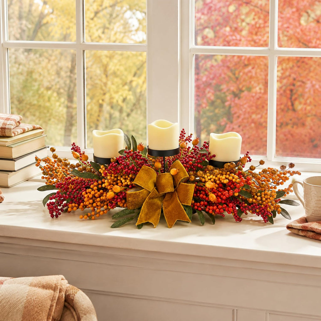 25 Inch Fall Candle Holder Centerpiece with Berry Branches and Bow