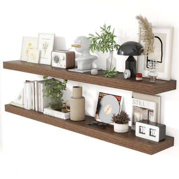 55 Inch Floating Shelves for Wall 8 Inch Deep Walnut Shelves Set of 2, Wall Mounted Rustic Wood Long Floating