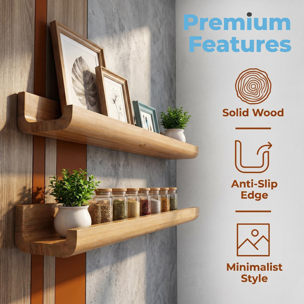 Pine Wood Floating Shelves Set of 2, Wall Mounted Display Ledge Shelves with Lip, Rustic Farmhouse Storage Organizer