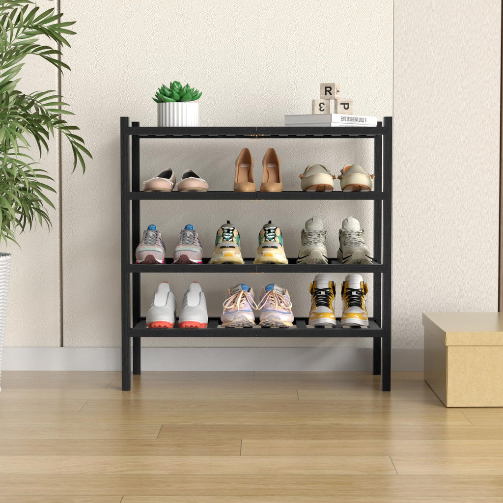 4 Tier (Thick) Bamboo Shoe Rack for Closet Free Standing Wood Shoe Shelf Small Space Stackable 27"x12"x28" (Blackl)