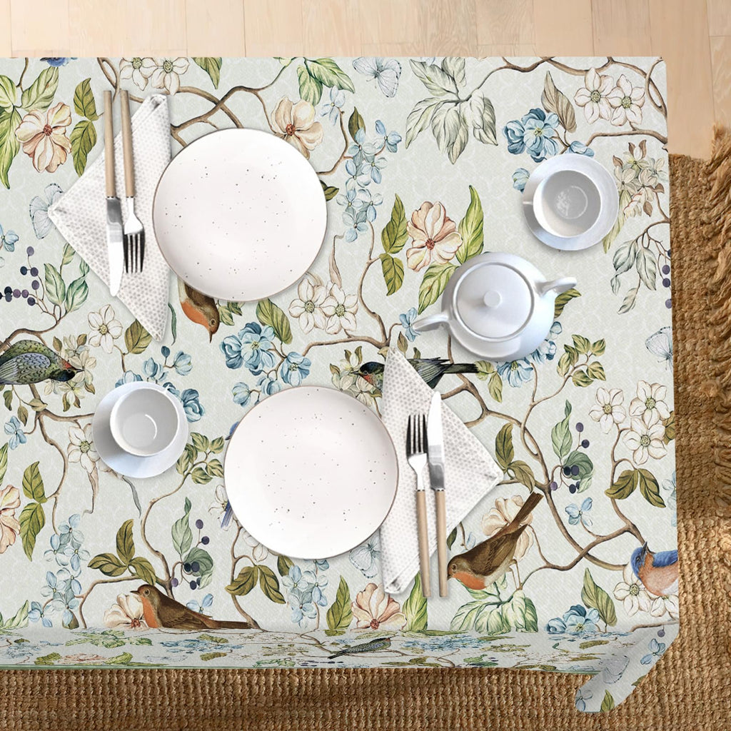 Vintage Floral Birds Green Rectangle Tablecloth 60 x 84 Inches