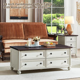 48" Farmhouse Coffee Table with Hidden Storage,Wooden Coffee Tables with 4 Drawers & Roman Column Handle,Rectangular