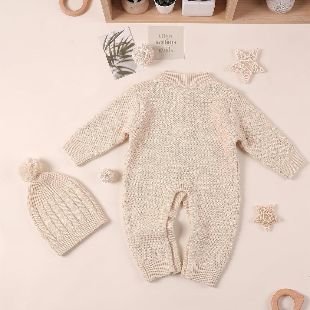 Baby Knit Sweater Romper Infant Long Sleeve Ribbed Outfit Clothes for Boys Girls with Beanie Hat Set