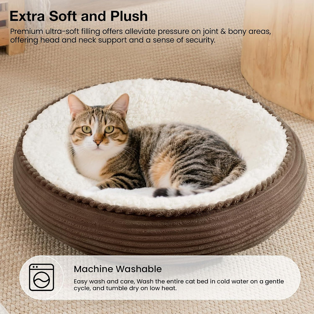Round Donut Cat and Dog Cushion Bed, 20in Pet Bed for Cats or Small Dogs, Anti-Slip & Water-Resistant Bottom, Super