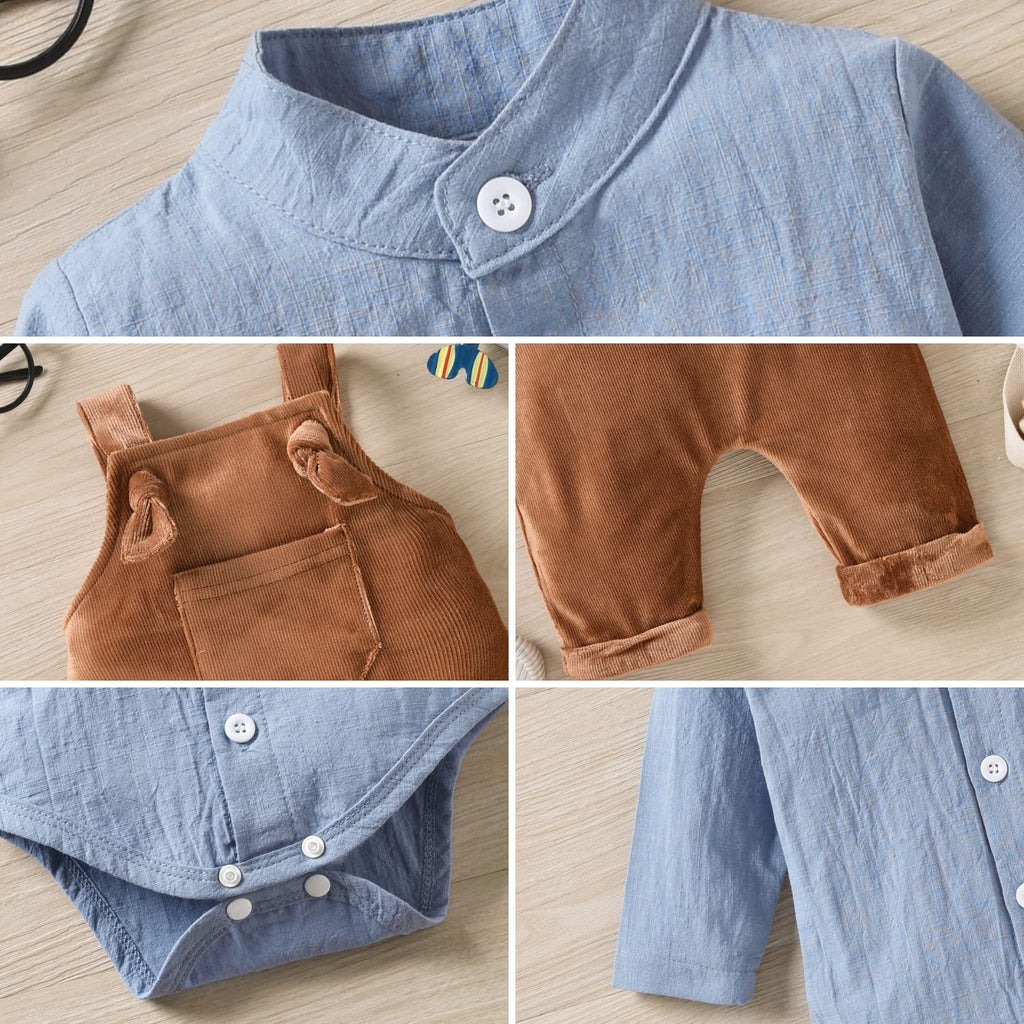 Baby Boys Overalls Linen Clothes 2PCS Set Infant Gentleman Outfits Set Baby Haze Blue Bodysuit Romper Tops and Ribbed