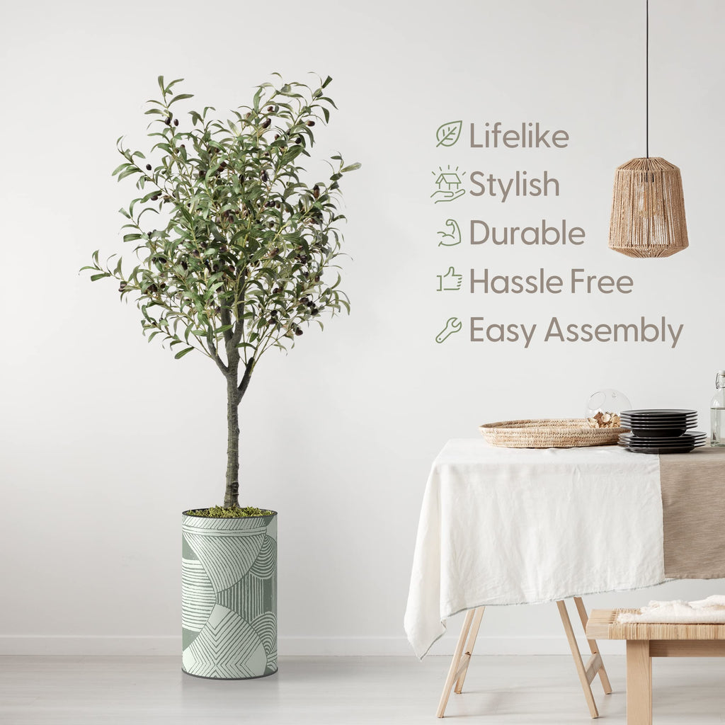 Artificial Tree in Geometric Pattern Planter, Fake Olive Silk Tree for Indoor and Outdoor Home Decoration - 60"