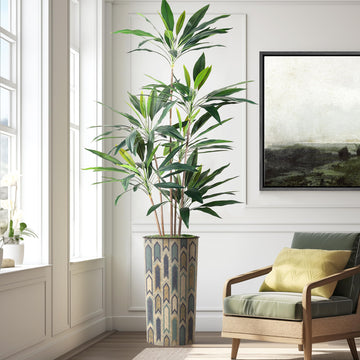 Artificial Tree in Modern Polygon Pattern Effect Planter, Fake Dracaena Tree Silk Tree for Indoor and Outdoor Home