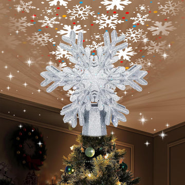 Christmas Tree Topper, 3D Rotating Silver Snowflake Pattern Projector for Xmas Tree Topper, Hollow Design Christmas