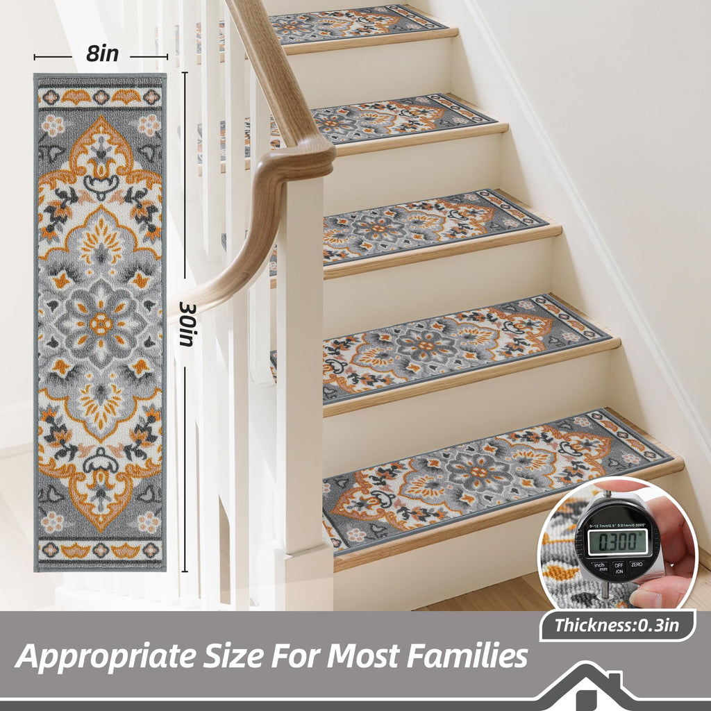 Stair Treads for Wooden Steps, 8"X30", 15pcs, Grey/Orange