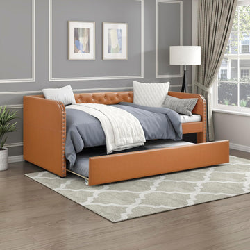 Faux Leather Daybed with Trundle, Solid Wood Frame, Nailhead Trim, Wood Slat Support, Button Tufted Trundle Day Bed