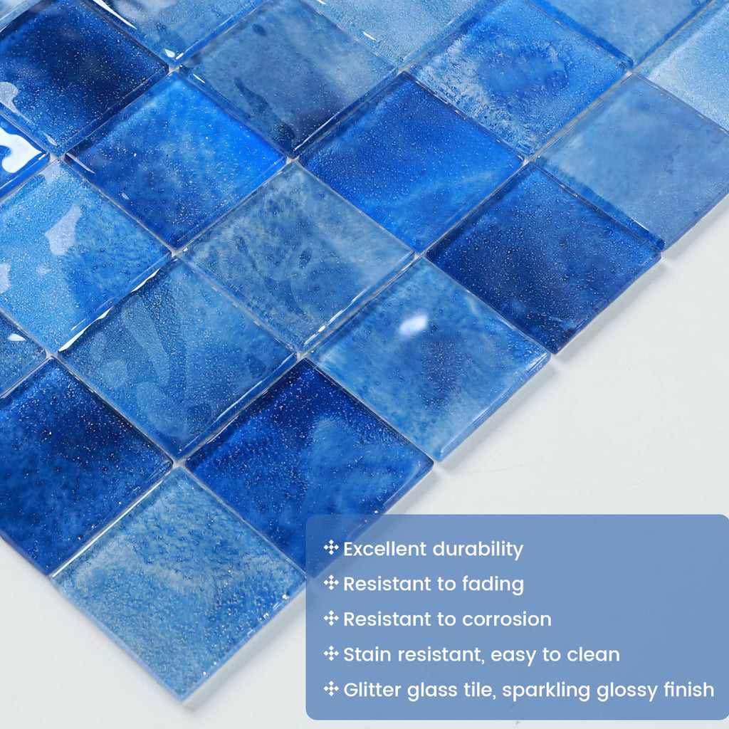 Glass Mosaic Tiles Backsplash, 12" x 12" Dark Blue 3D Wave Texture Square Tiles for Swimming Pool Accent Wall