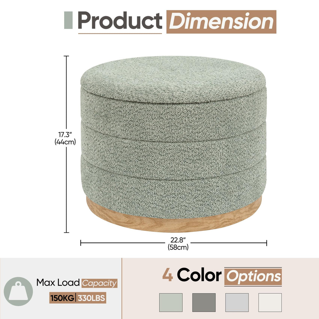 22.8" Round Chenille Storage Ottoman, Reversible Lid, Sage Green