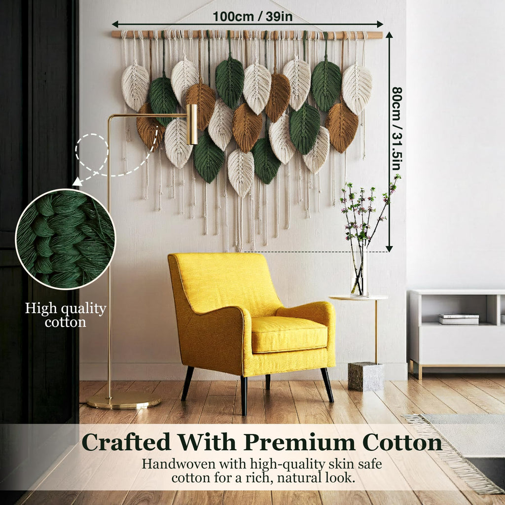 Macrame Wall Hanging Boho Woven Tapestry, 39" x 31.5" Modern Bohemian Leaf Feather Wall Art Decorations Dorm Living