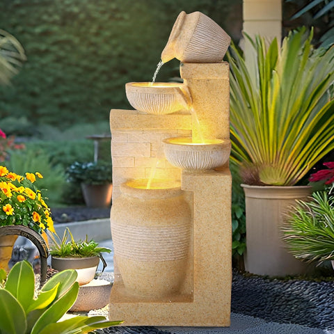 4-Tier Outdoor Indoor Water Feature Fountain, 32" H Indoor Cascading Waterfall with 3 LED Lights