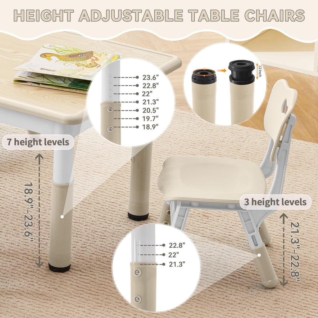 Kids Study Table and Chairs Set, Height Adjustable Toddler Table and Chair Set for Kids Ages 3-8, 23.6" L x 23.6" W