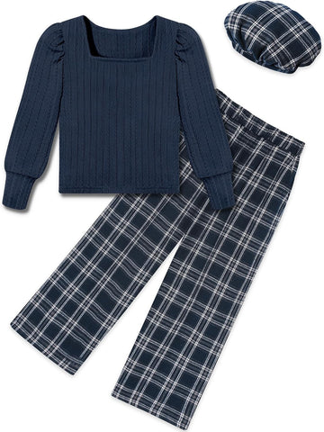 Girls Clothes Square Neck Puff Sleeve Top and Wide Leg Pants Kids Clothes Fall